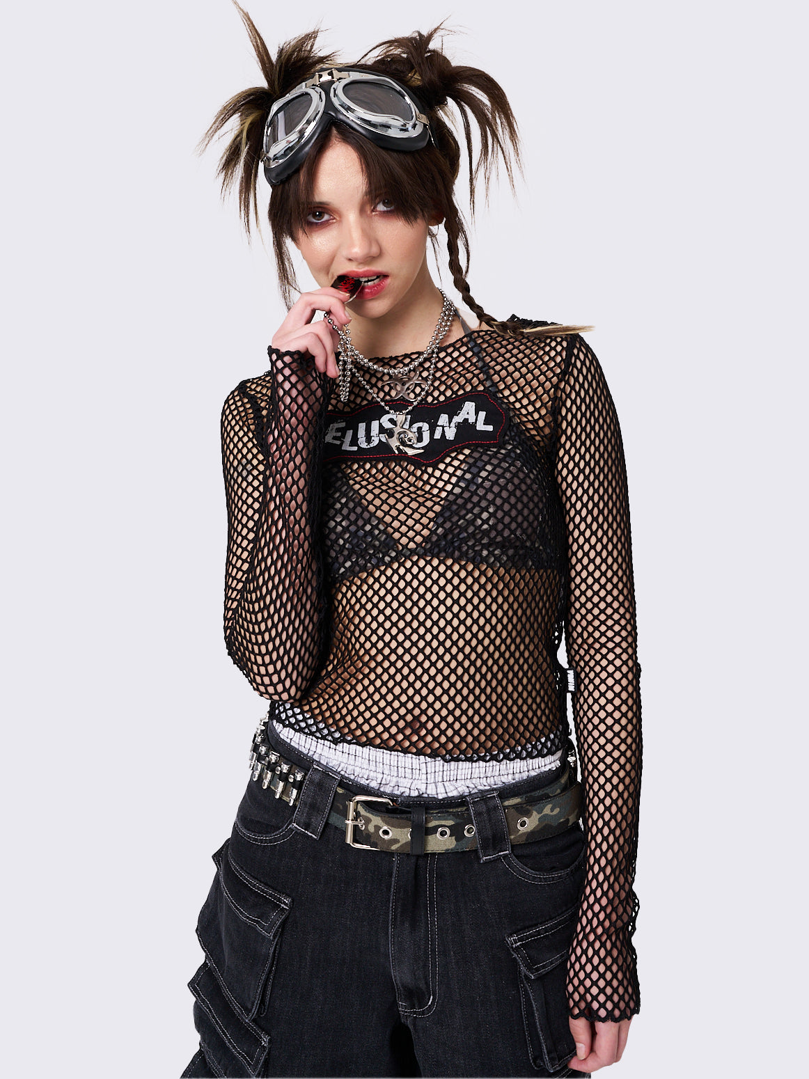 Fishnet Long Sleeve Top with a Patch Print