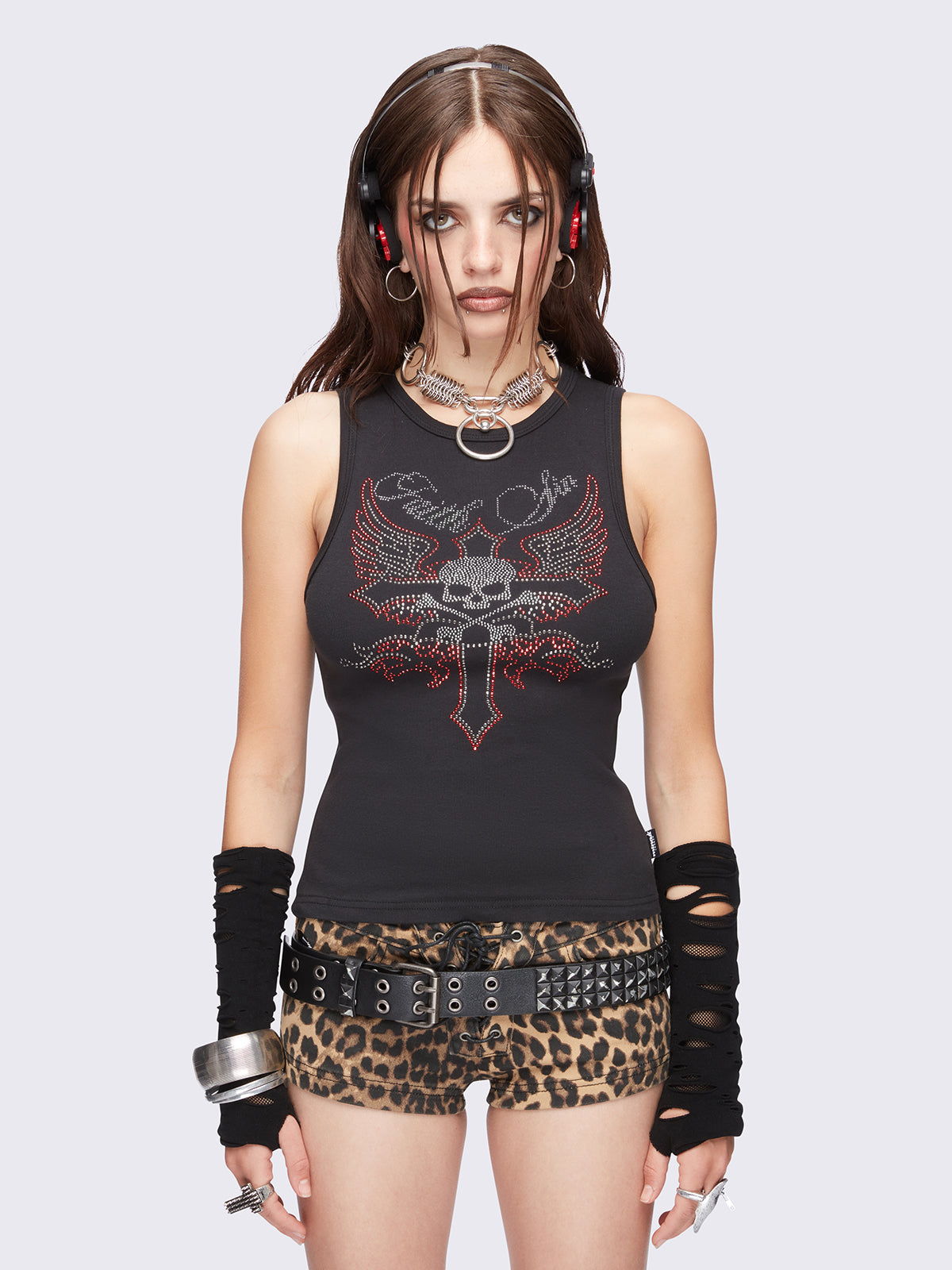 Black tank top with "Faith Sin", winged cross and skull rhinestones graphic.