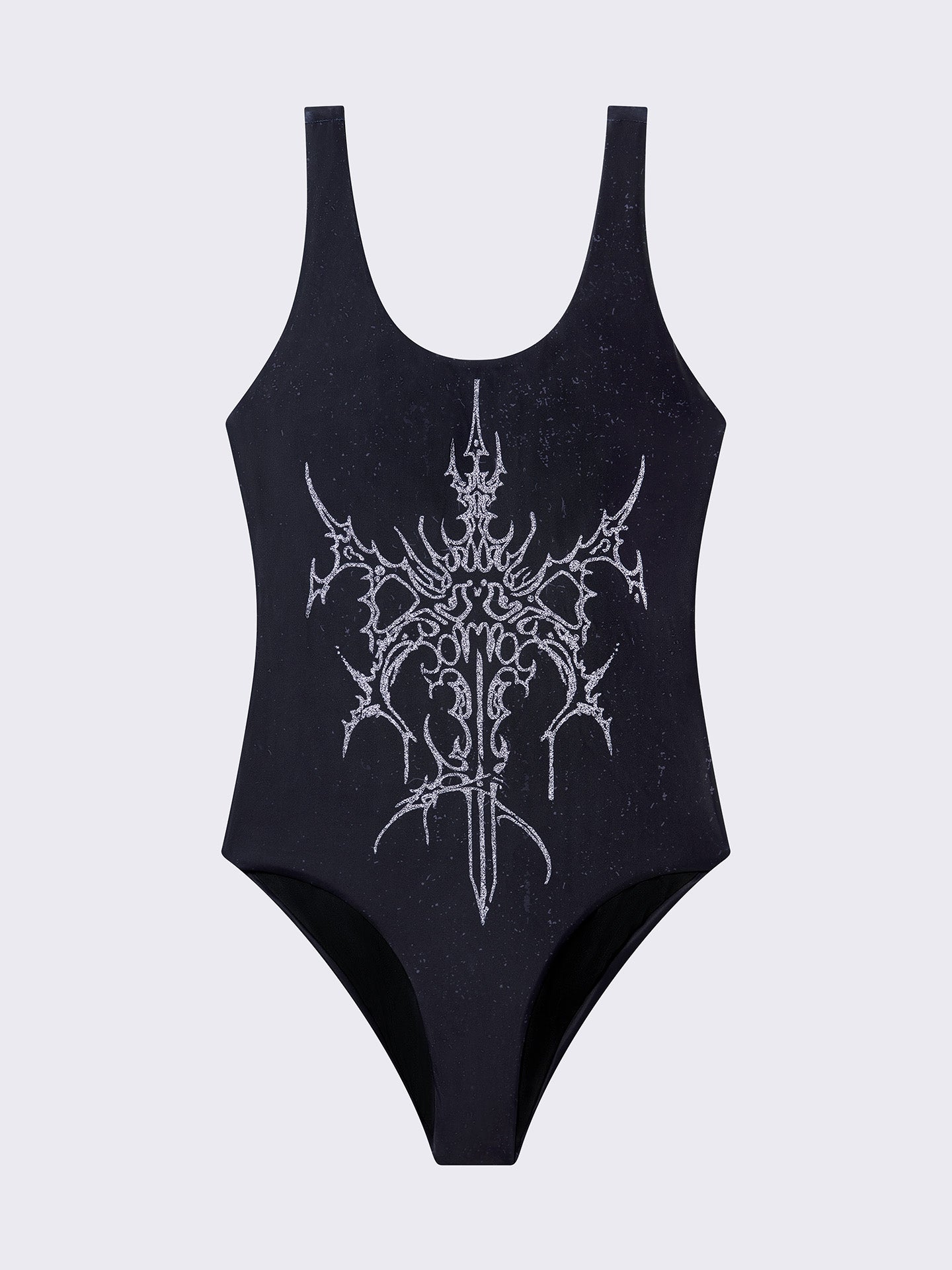 One-piece swimsuit in black with dagger graphic print