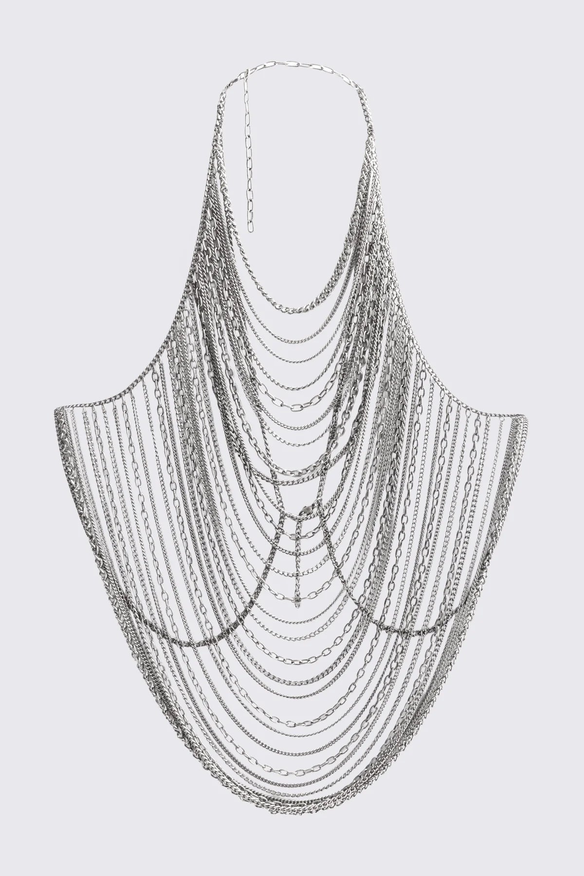 Body chain necklace in antique-silver iron with cascading mixed-link draped layers, goth-inspired statement style.