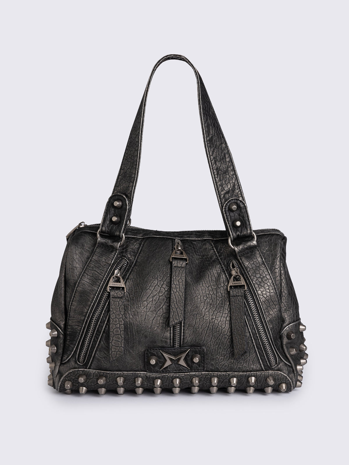 Black faux leather shoulder bag featuring stud and metal hardware details.