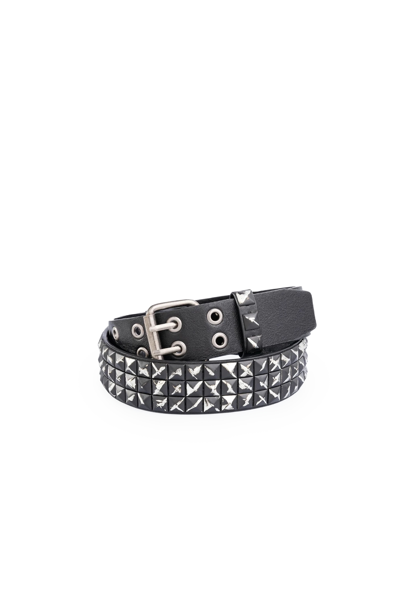 Black vegan leather belt with pyramid studs, square buckle and double keeper in a grunge aesthetic.