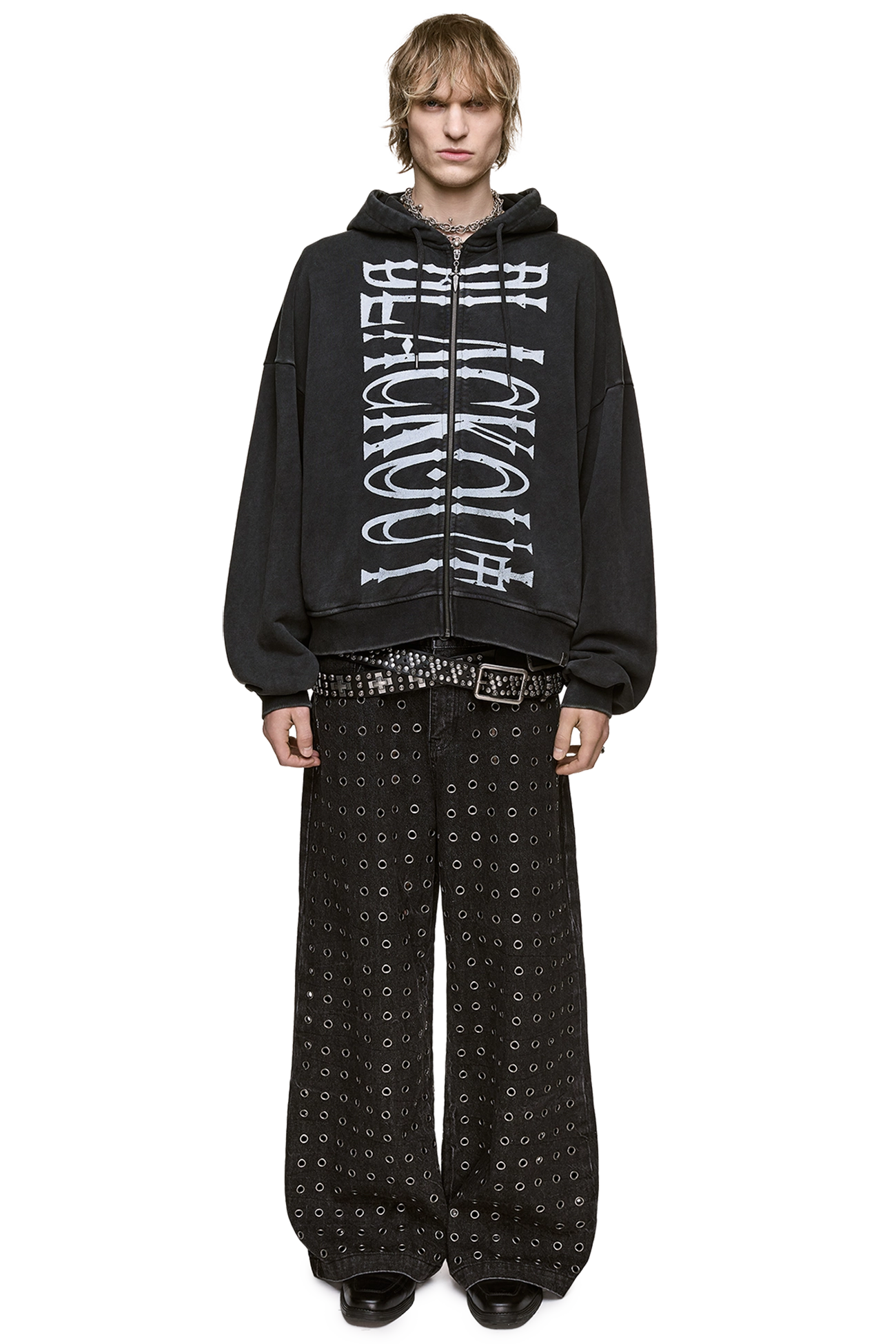 Zip up hoodie in washed grey cotton with Blackout front print and sword zipper, oversized grunge style.