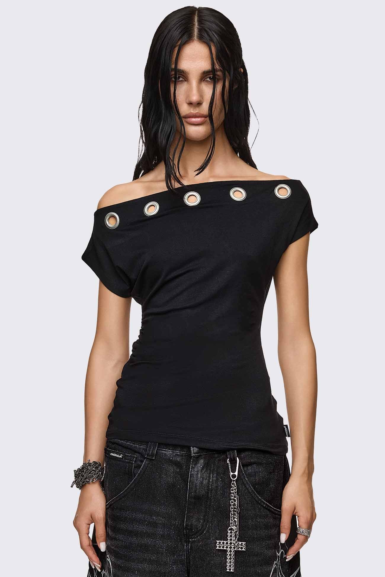 Black viscose off-shoulder top with chunky eyelet neckline and asymmetric fit in a grunge style.