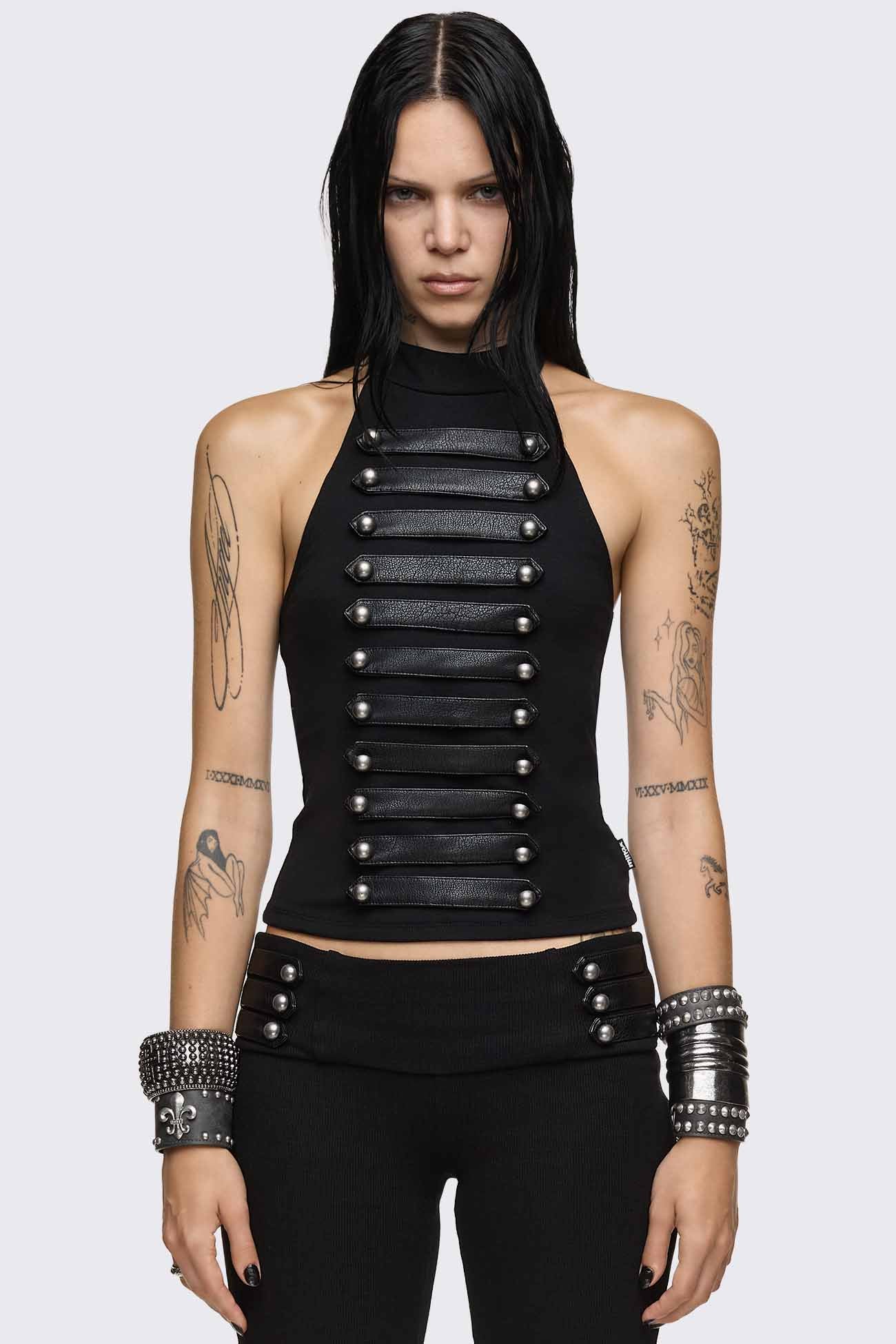 Black halter neck tank top with faux leather front straps, silver dome buttons and slim fit.