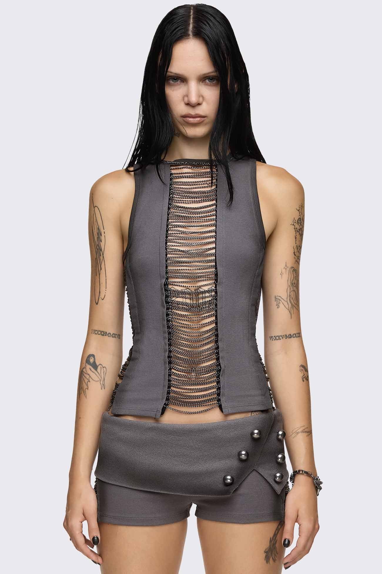 Grey washed tank top with front and side cutouts, silver chain detail, round neck and sleeveless design.