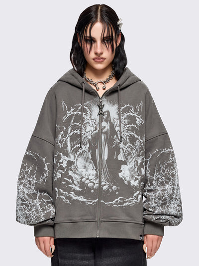 Grey zip up hoodie jacket featuring a sacred figure graphic on front and thorn sleeve prints.