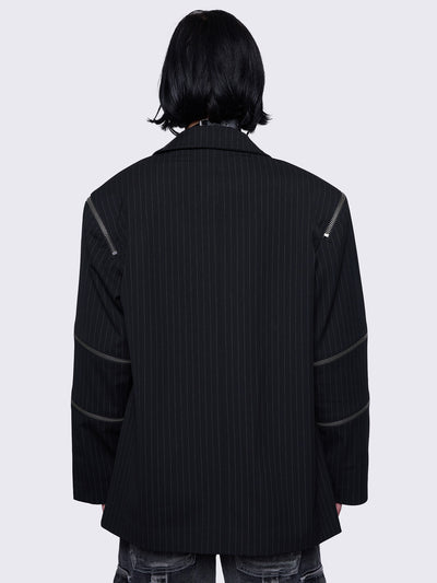 Blazer in black pinstripes with zipper details