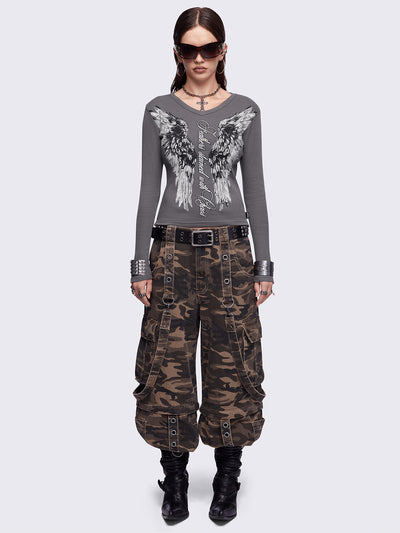 Grey long sleeve top featuring a 
"Feathers stained with chaos" wings graphic print and v-neck style.