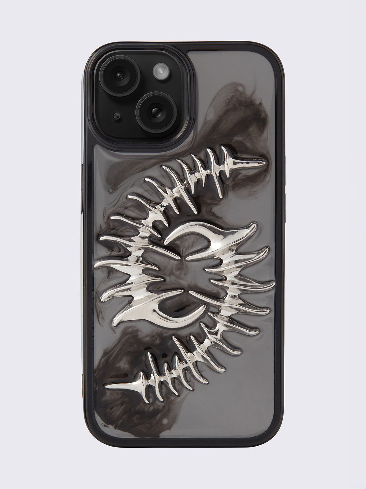 Black iPhone case with engraved spine design.
