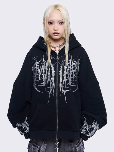Black zip up hoodie jacket featuring a grey sigilism embroidery on front and sleeves and a oversized fit. 