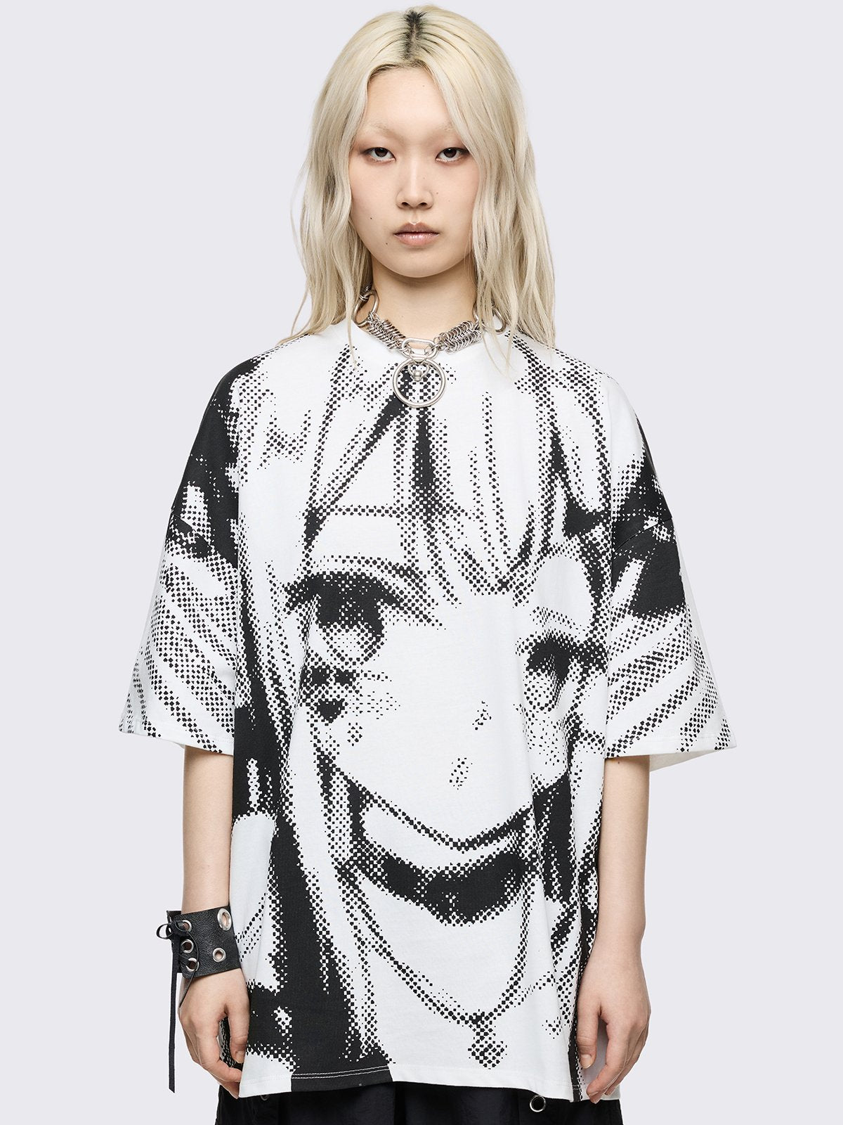 White oversized graphic t-shirt with pixel anime girl graphic print 