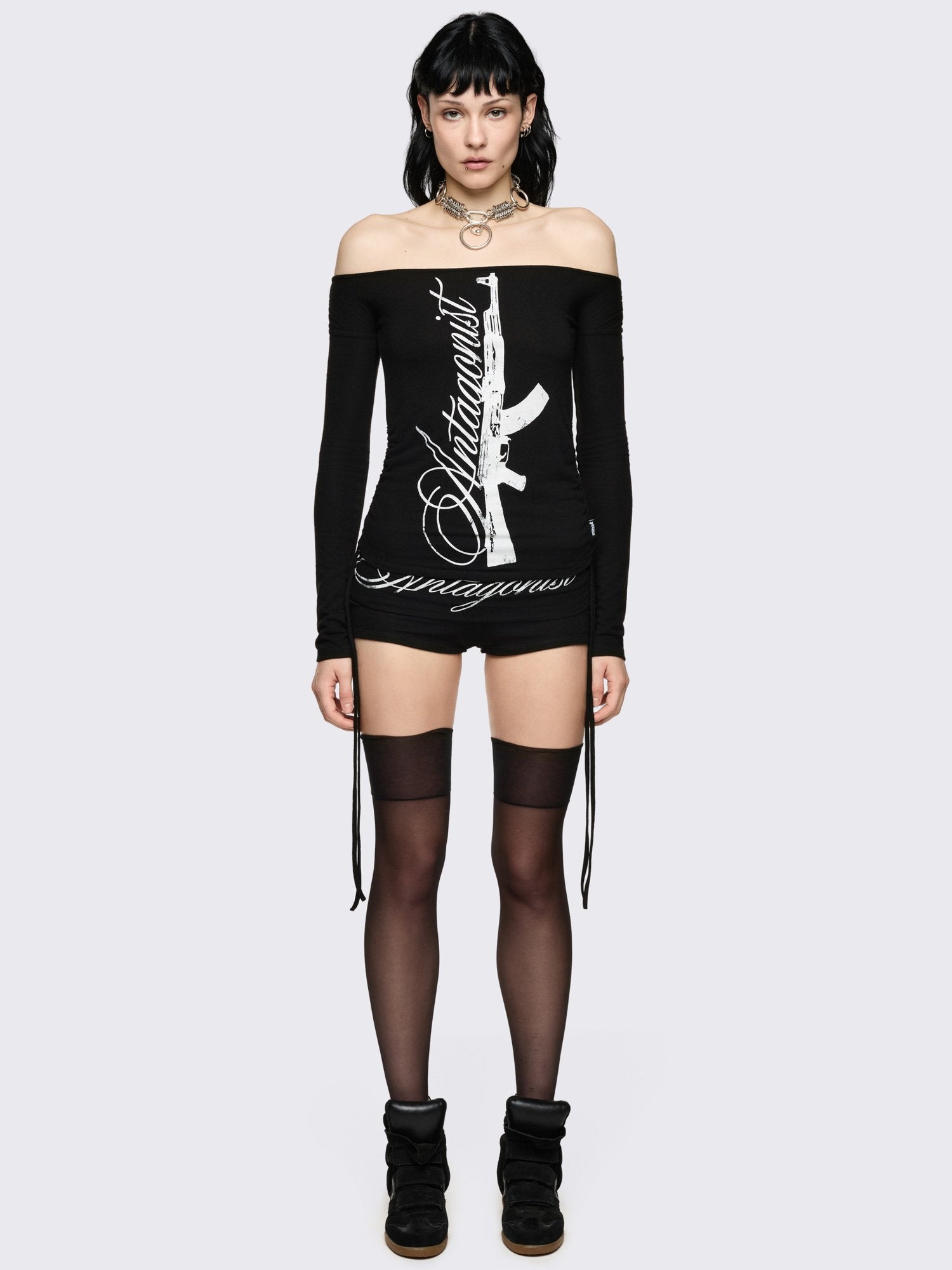 Black long sleeve off-shoulder top with 