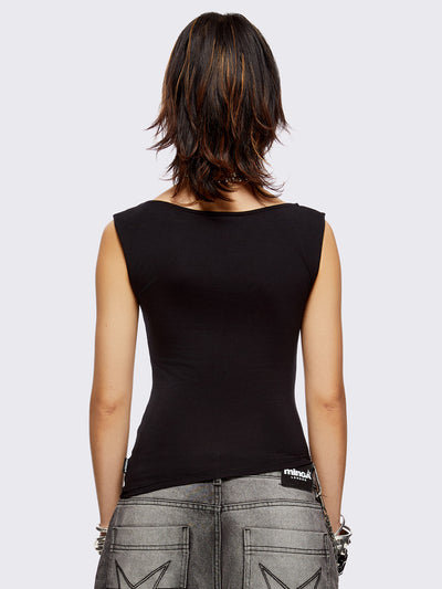 Black asymmetric top with chunky eyelets along neckline and hem and boat neckline.