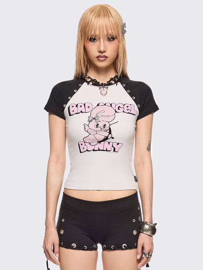 Black and white baseball tee with contrast raglan sleeves, "Bad Angel Bunny" graphic front print by Esther Bunny artist and eyelet details.