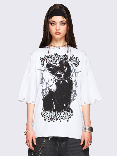 Off-white oversized t-shirt with black kitty graphic front print and eyelet neckline and hem details.