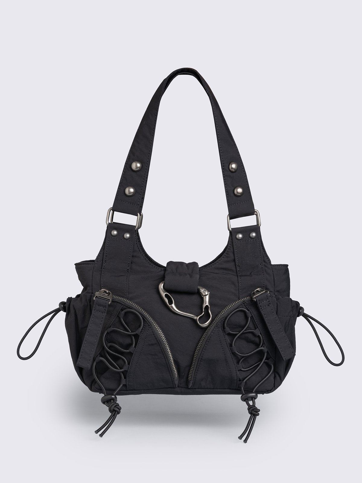 Black nylon multi pocket shoulder bag with metal hardware and lace up toggle details.