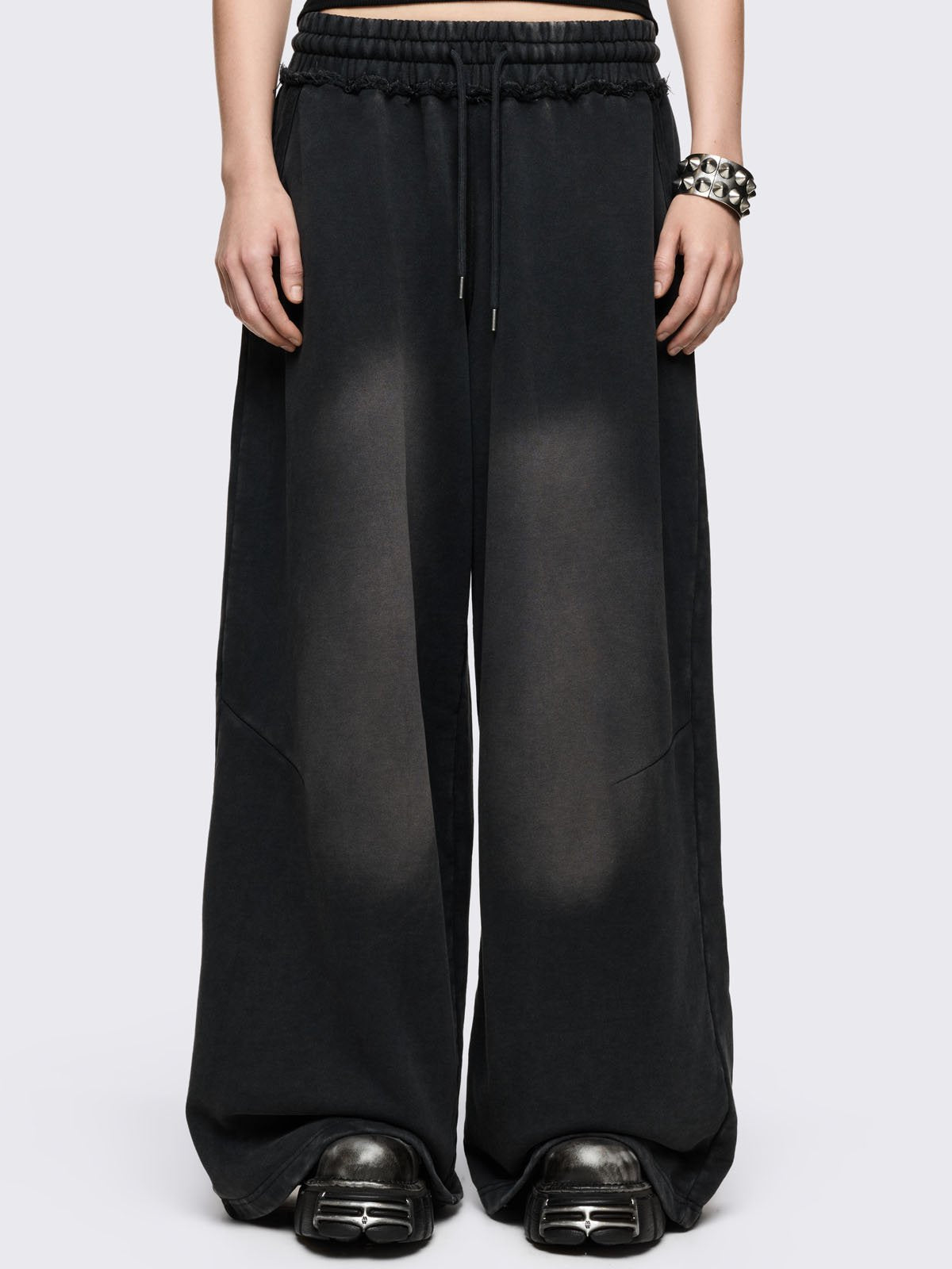 Black washed wide leg joggers with light grey overdye 