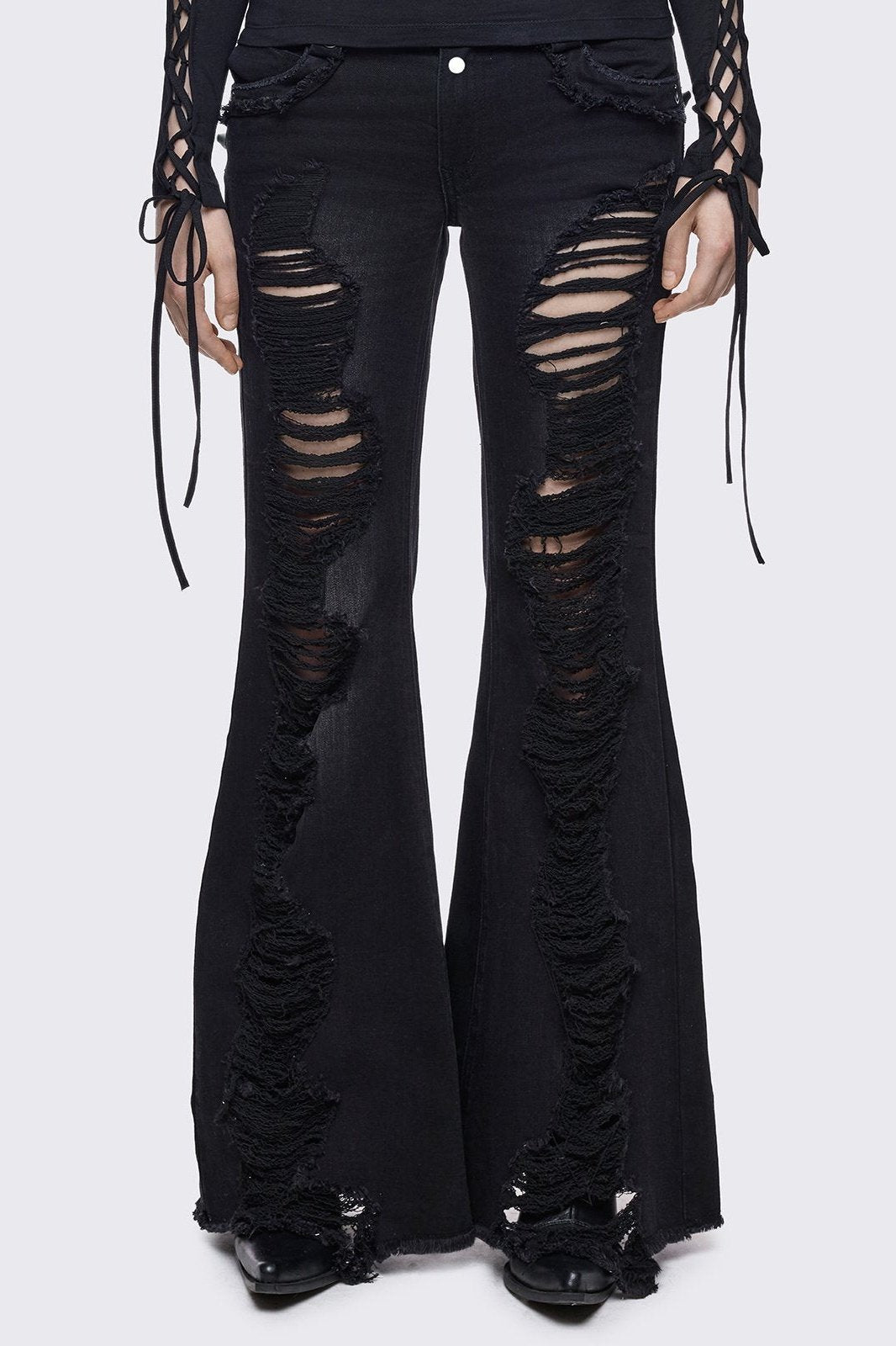 Black washed flare jeans with front shedded