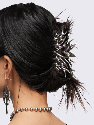 Metal hair claw clip with cyber sigilism heart tattoo design featuring oxidized silver finish.