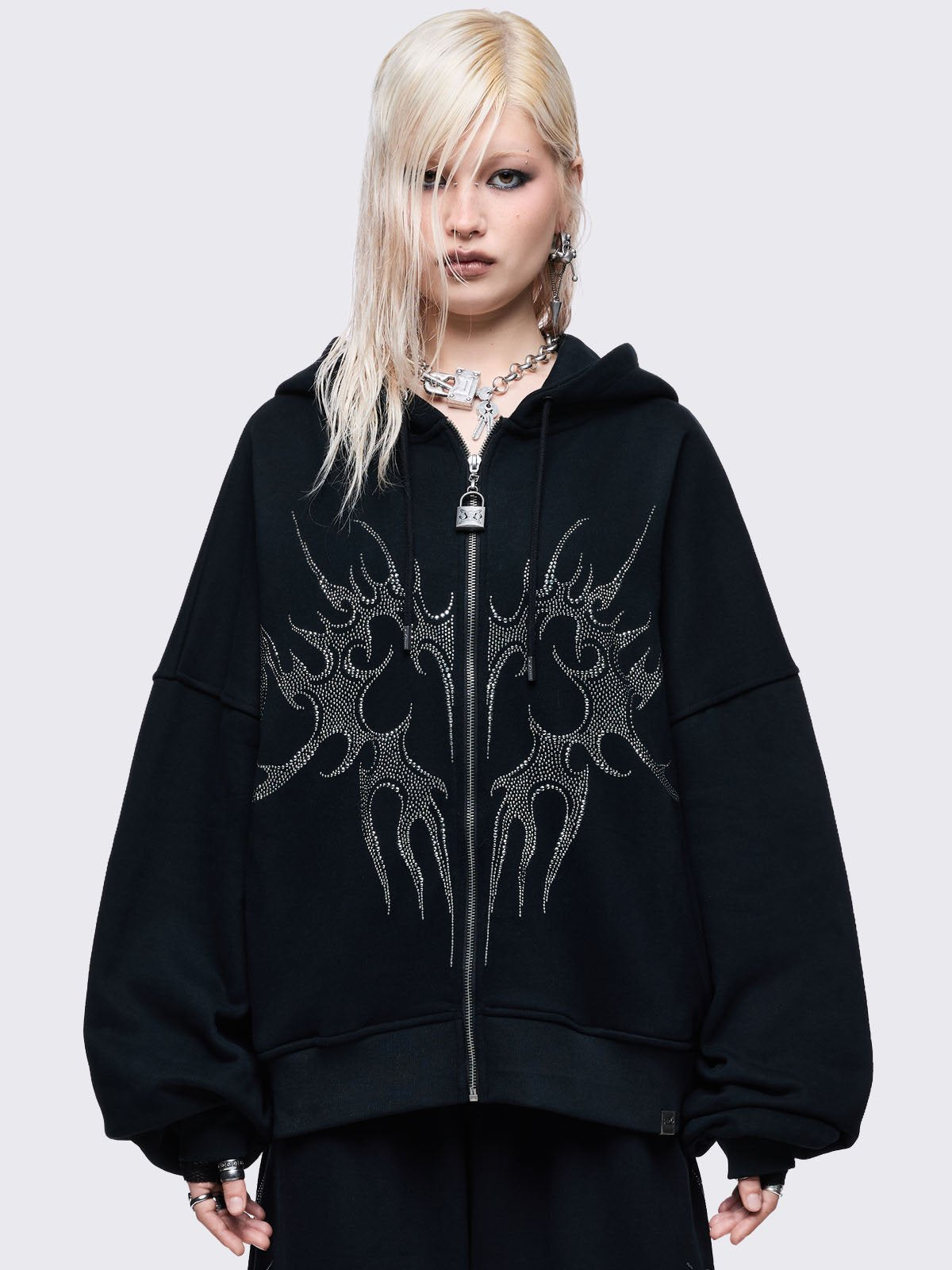 Black zip up hoodie eith sigilism heart rhinestone graphic