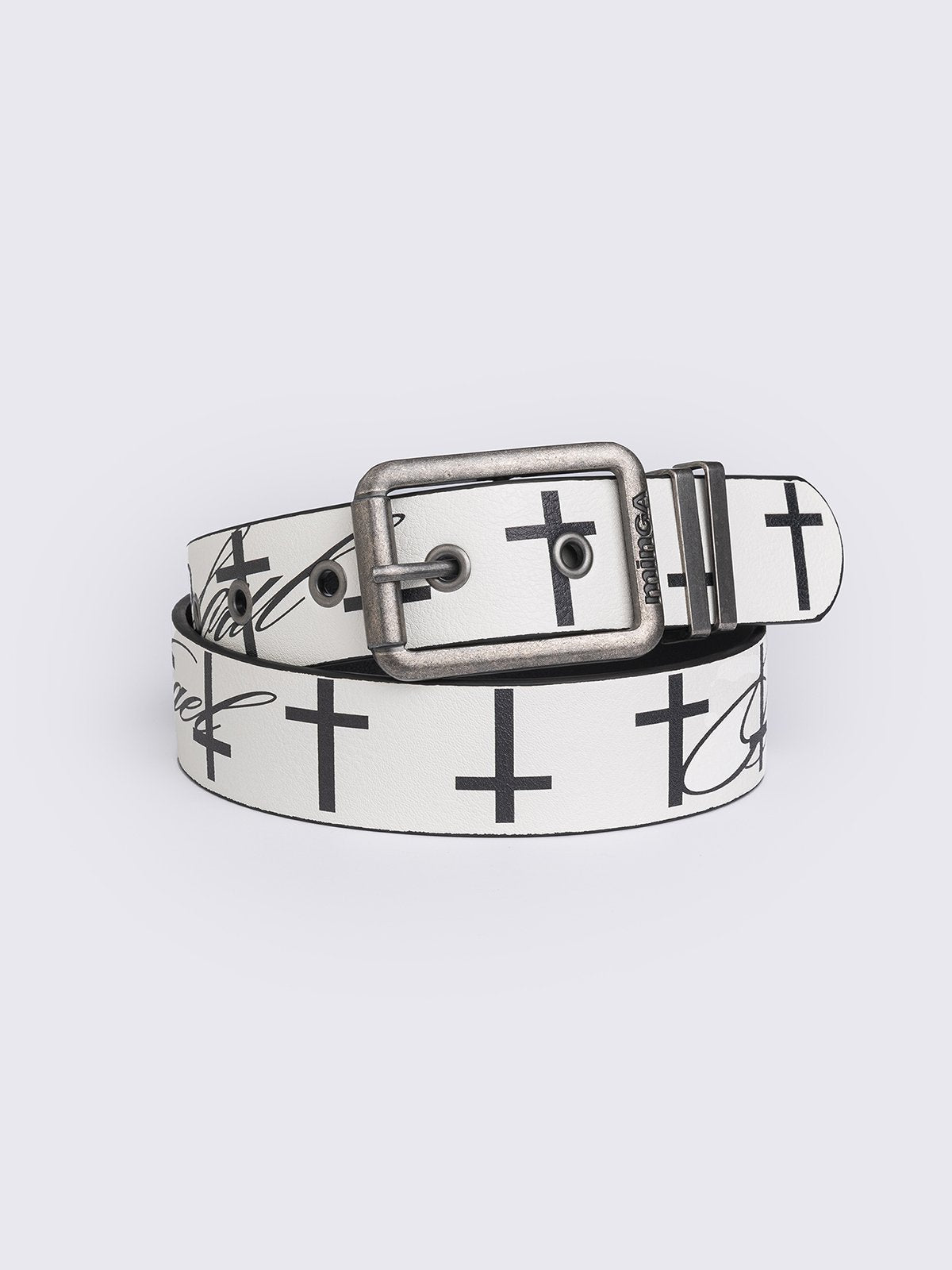 White vegan leather belt featuring "Chaotic angel" and crosses print.