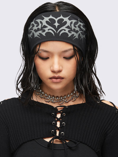 Black headband with cyber sigilism heart tattoo print.