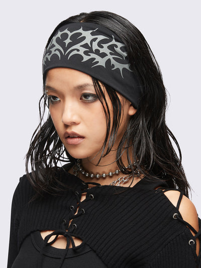 Black headband with cyber sigilism heart tattoo print.