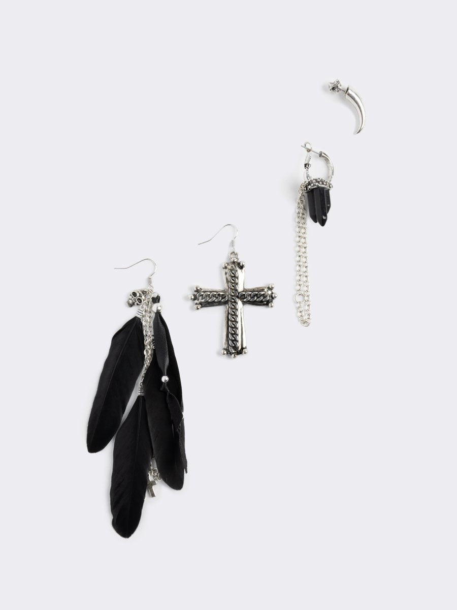 Silver 5pc earring set with black feathers, cross and gem pendants.