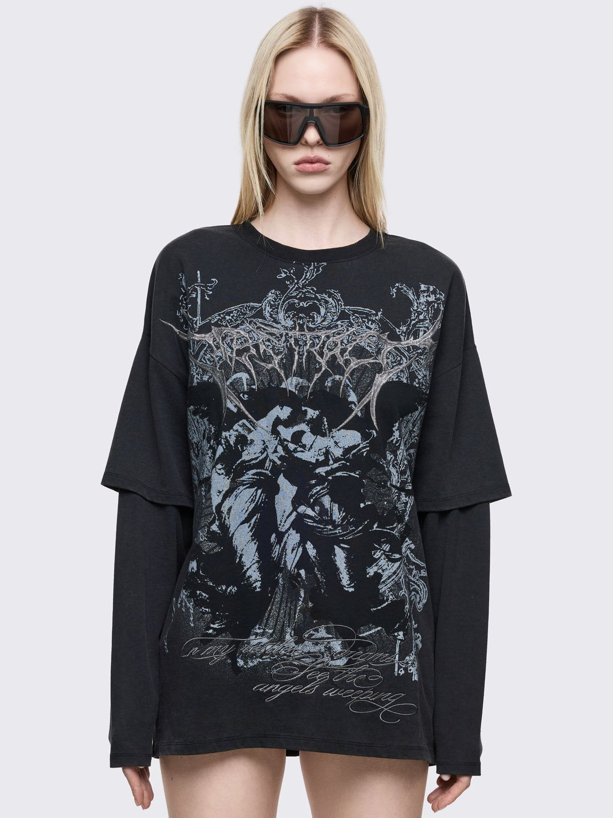Black layered long sleeve oversized t-shirt witg goth angel graphic print.