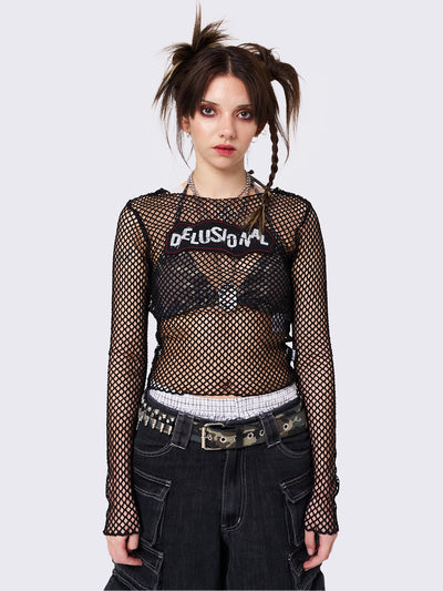 Fishnet Long Sleeve Top with a Patch Print