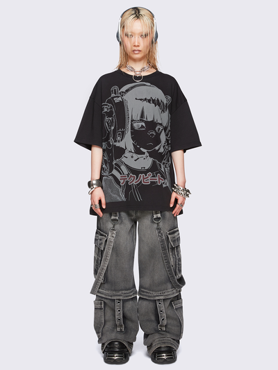 Black oversized t-shirt with cyber anime girl graphic print. 