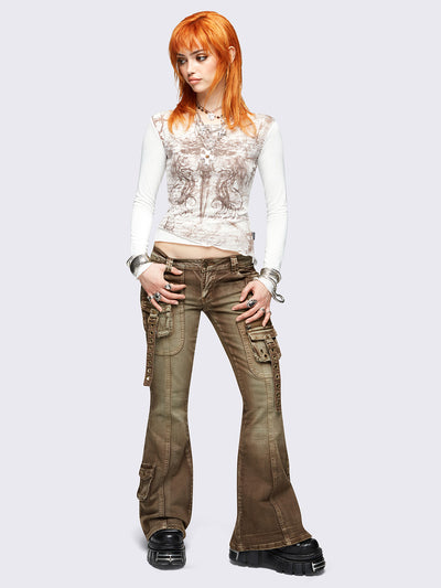 Brown washed cargo flared jeans with utility pockets and straps.