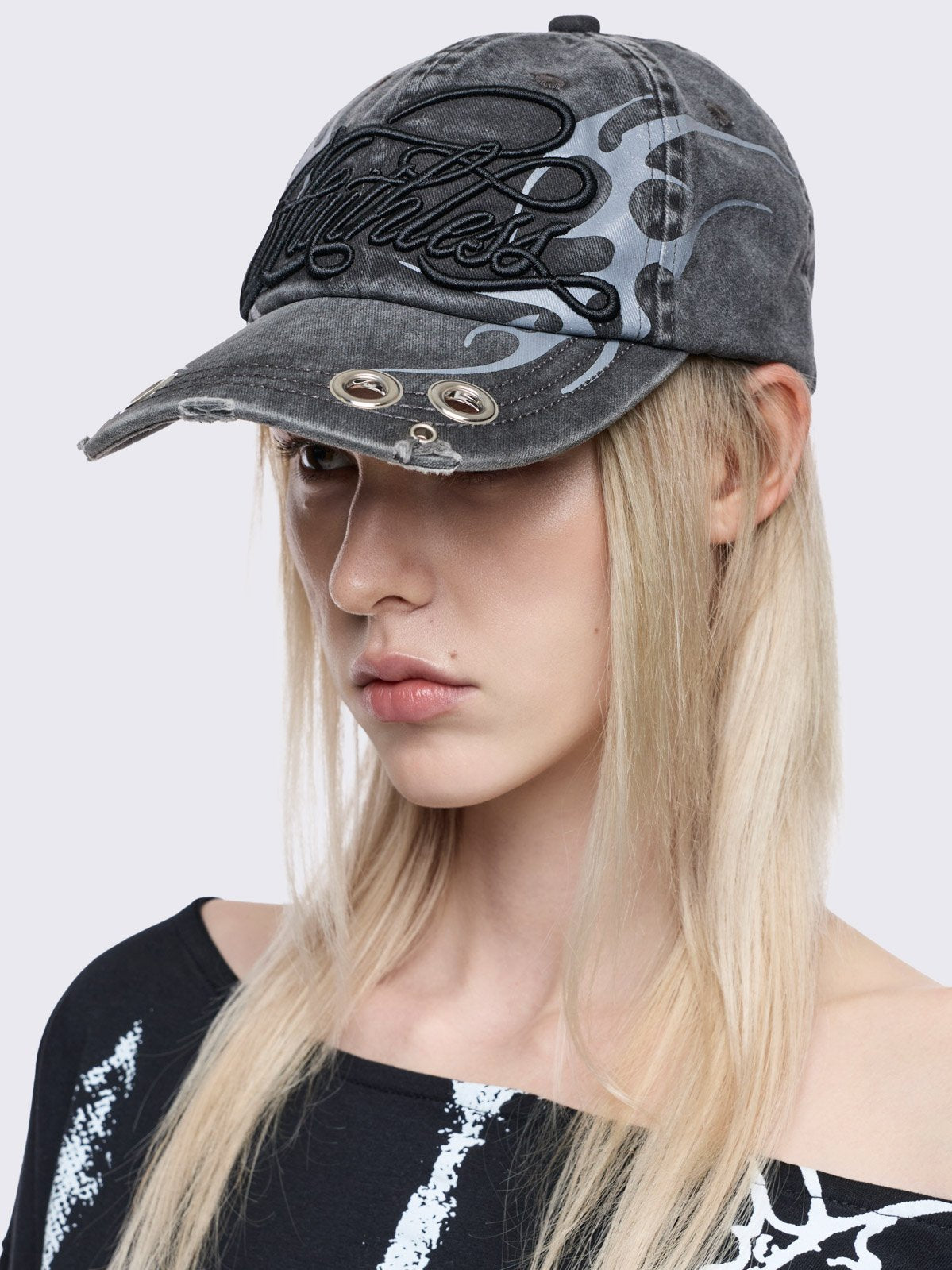 Grey washed denim distressed baseball cap