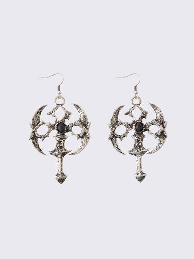 Silver dangle earrings featuring a gothic cross pendants and black stone details.
