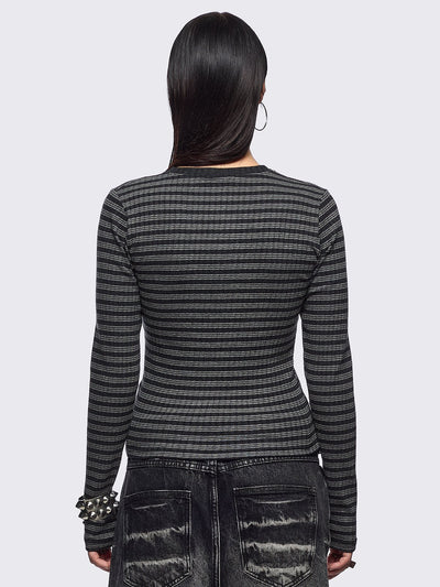 Black and grey striped ribbed long sleeve top featuring a half button placket.