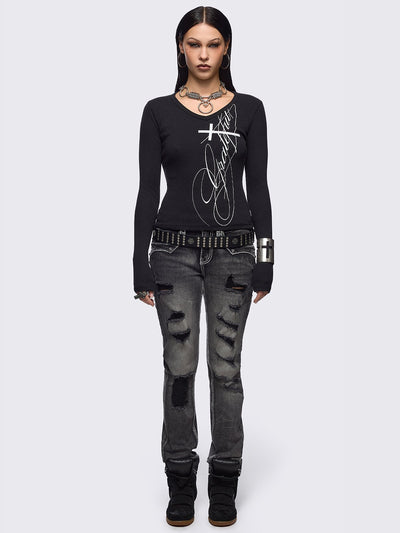 Black ribbed long sleeve top featuring "Grateful" cross graphic front print and v-neck.