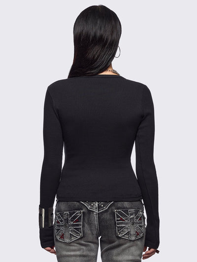 Black ribbed long sleeve top featuring "Grateful" cross graphic front print and v-neck.
