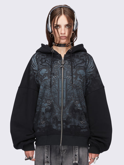 Black zip up hoodie jacket featuring a grunge graphic front print and silver stud details.