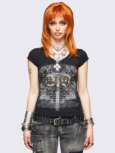 Black graphic v-neck baby tee featuring grunge graphic front print and "Grime" hot fix stud detail.