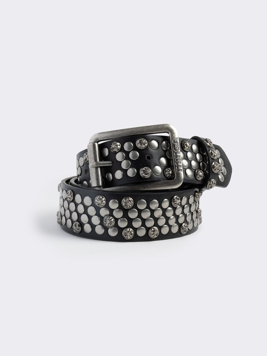 Black vegan leather buckle belt with stud details. 