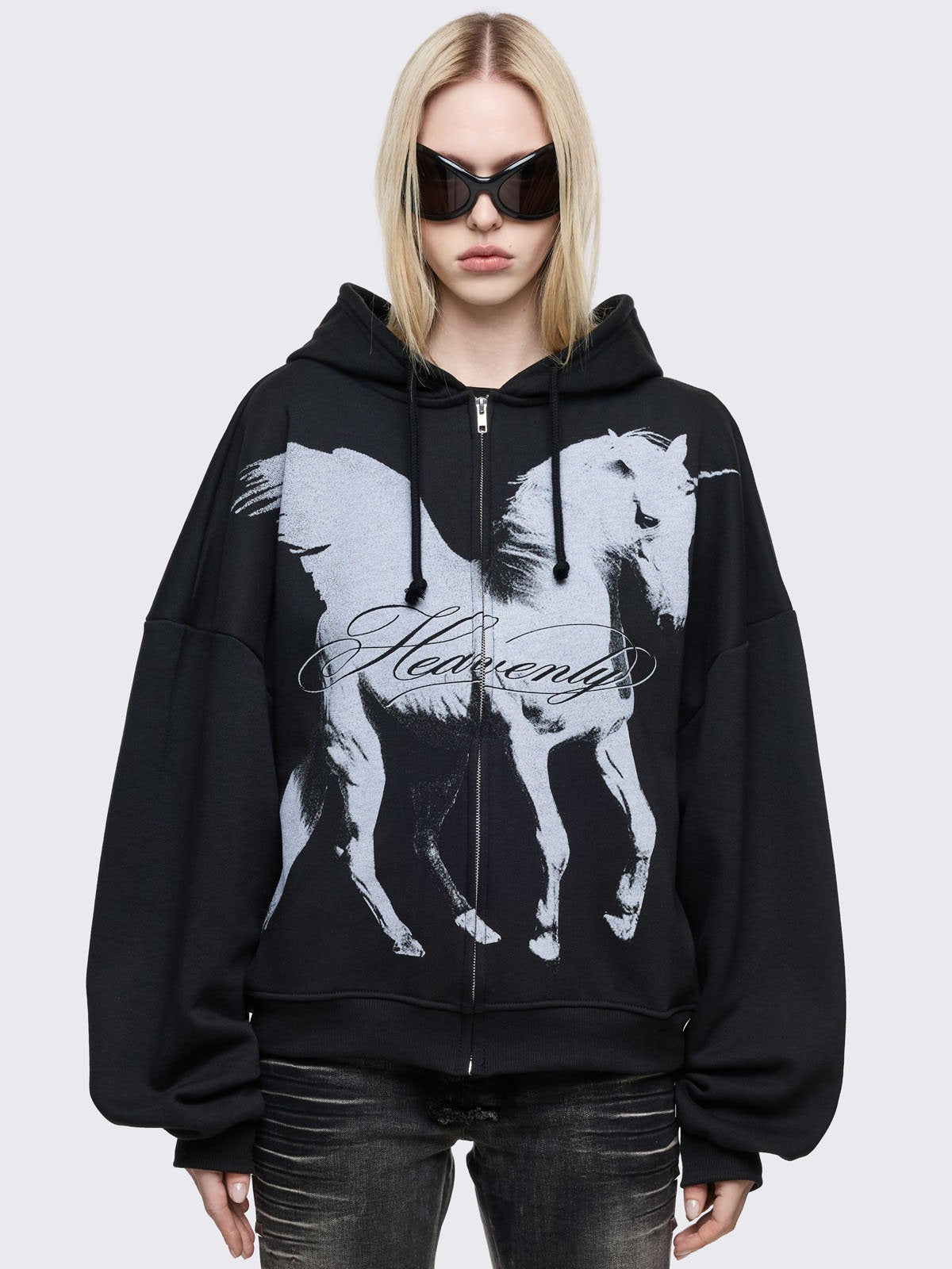 Black oversized zip up hoodie with alicorn graphic front print. 