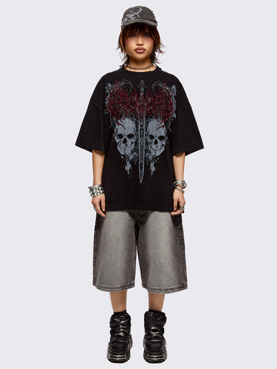 Black washed t-shirt with skulls and sword graphic front print and red embroidery.