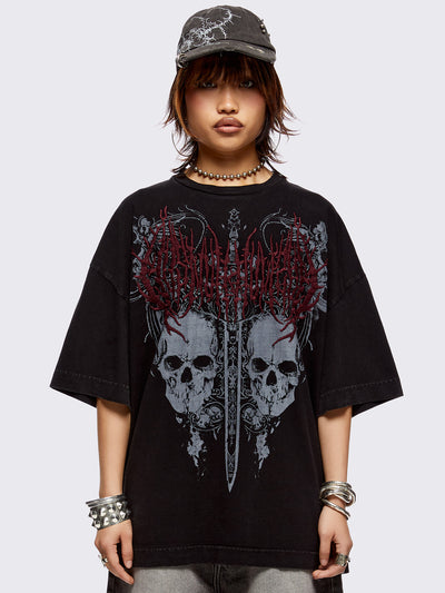 Black washed t-shirt with skulls and sword graphic front print and red embroidery.