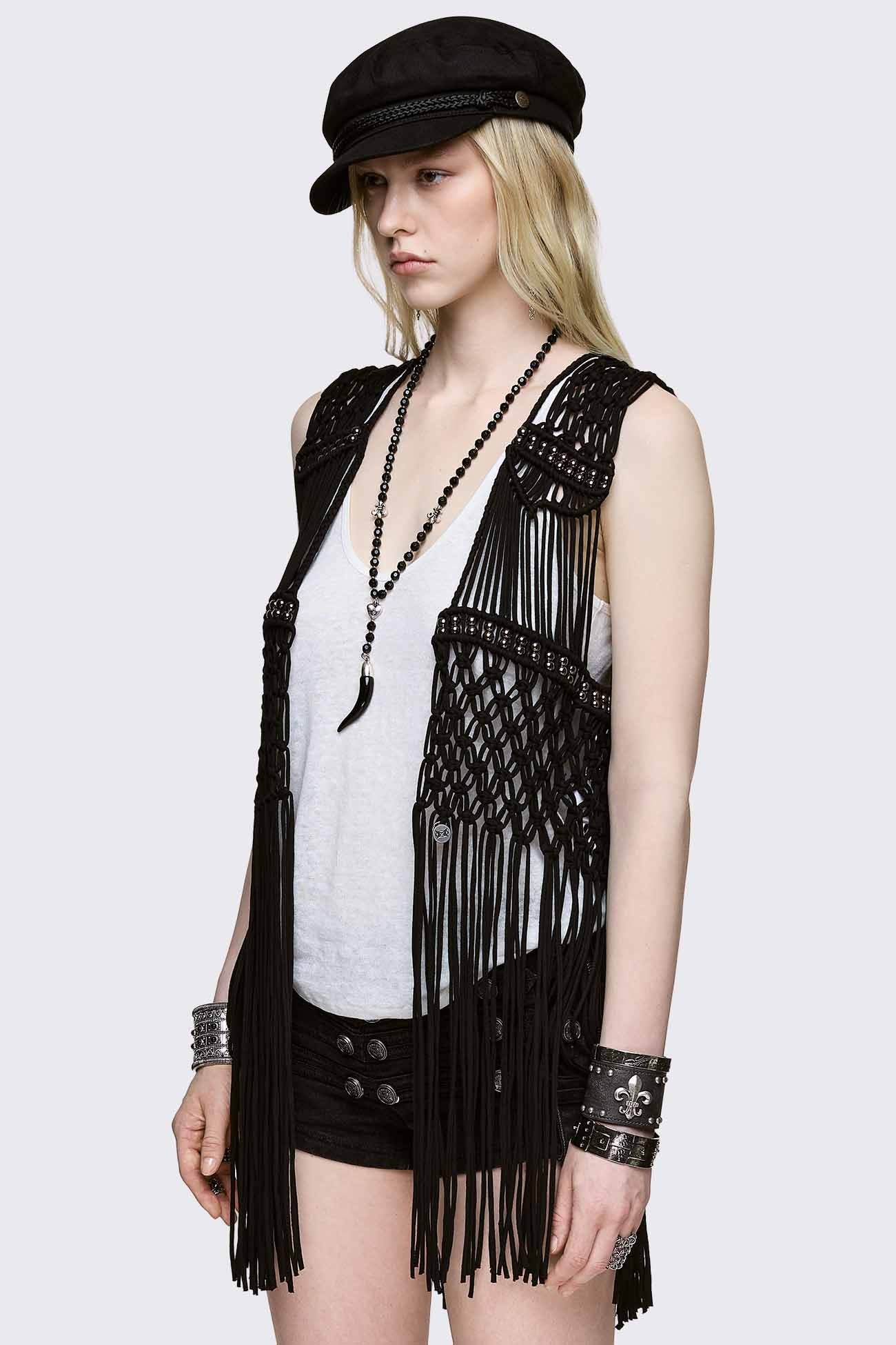 Black cotton macramé vest with fringe, silver bead details and knotted pattern in a grunge boho style.