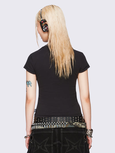 Black slim-fit baby tee with sigil-inspired front embroidery, short sleeves, and regular length.