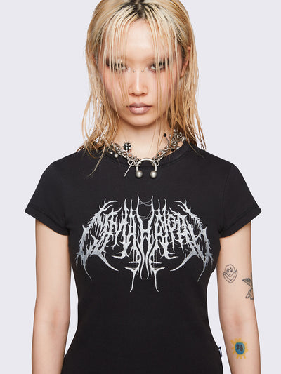 Black slim-fit baby tee with sigil-inspired front embroidery, short sleeves, and regular length.