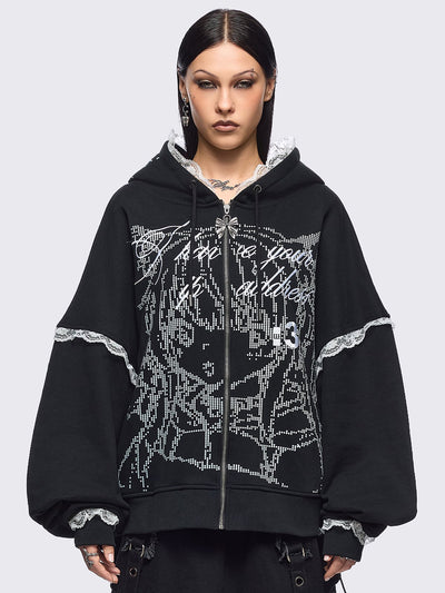 Black oversize zip up hoodie jacket with "I have your IP address" embroidery, anime girl ASCII-style graphic print and white lace seam details.