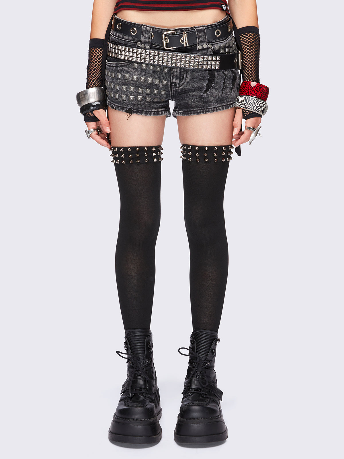 Black opaque thigh highs socks with spiked trim.