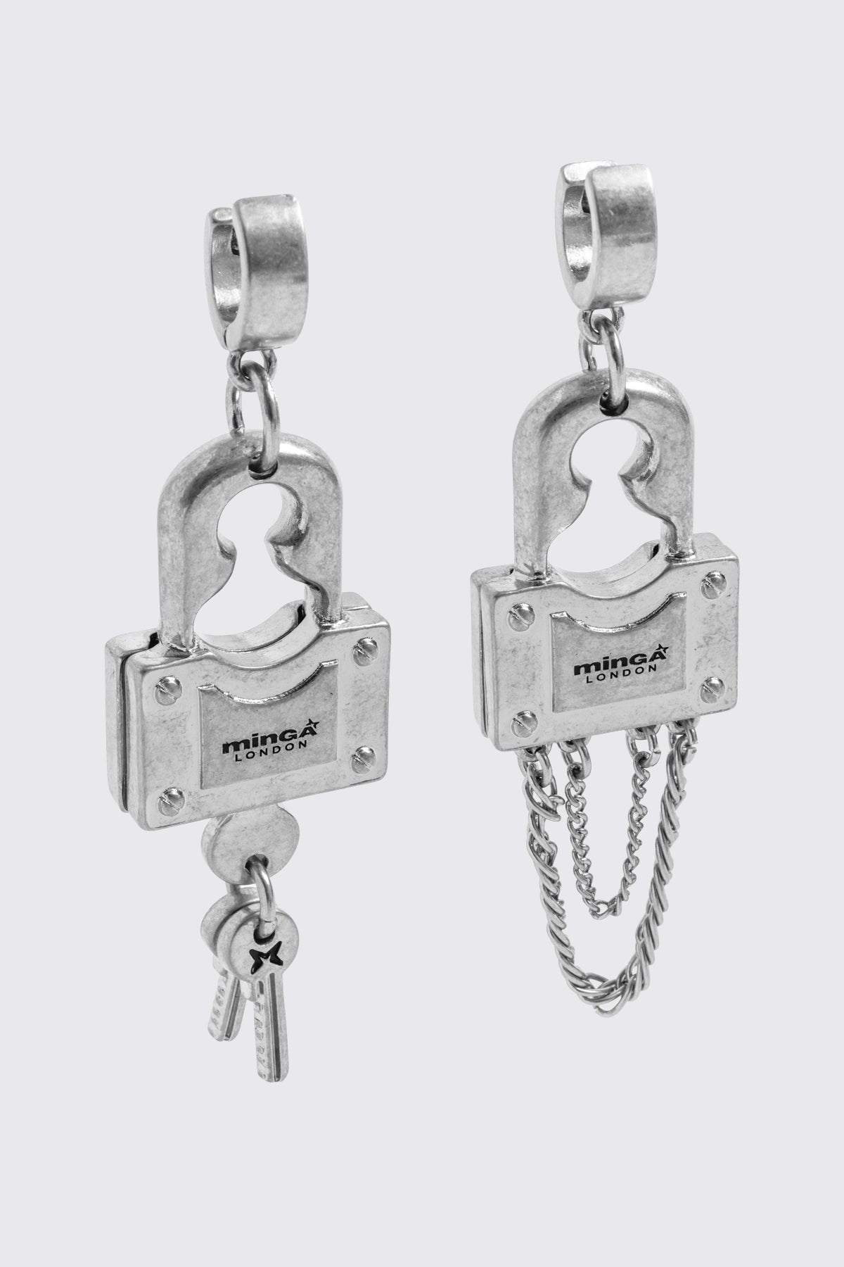Chunky silver padlock pendant hoop earrings.
